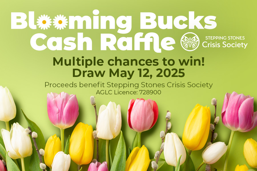 Flowers with "Blooming Bucks Cash Raffle" title