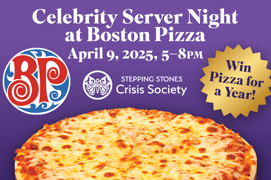 Pizza next to Boston Pizza logo and information about Celebrity Server Night
